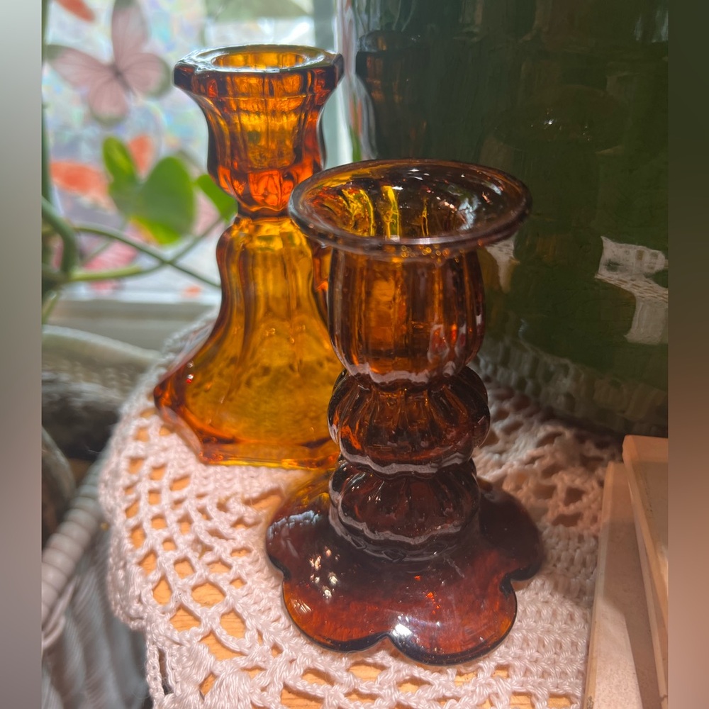Amber Glass Candle Holders (set of two)